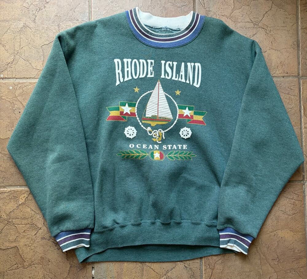 Vintage 90s Rhode Island Ocean State Sweatshirt Green Striped Crewneck Size XL
